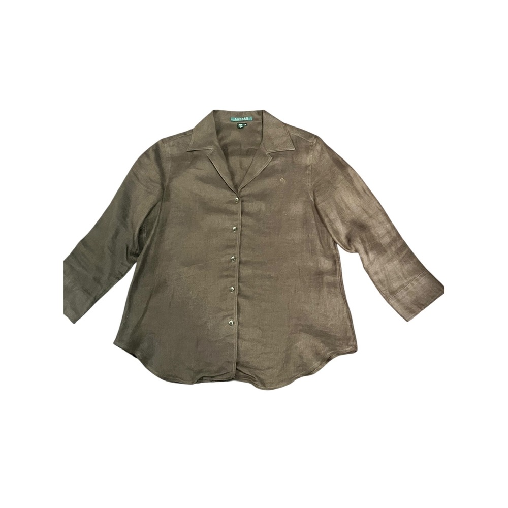 Lauren Ralph Lauren Womens Brown 100% Linen Herringbone Button Down Shirt Size M